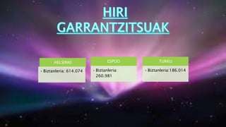 HELSINKI
• Biztanleria: 614.074
ESPOO
• Biztanleria:
260.981
TURKU
• Biztanleria:186.014
 