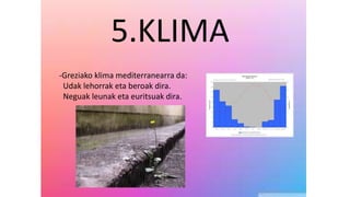 5.KLIMA
-Greziako klima mediterranearra da:
Udak lehorrak eta beroak dira.
Neguak leunak eta euritsuak dira.
 