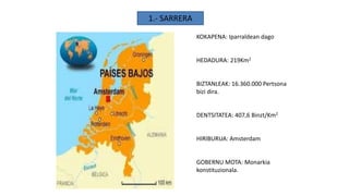 KOKAPENA: Iparraldean dago
HEDADURA: 219Km2
BIZTANLEAK: 16.360.000 Pertsona
bizi dira.
DENTSITATEA: 407,6 Binzt/Km2
HIRIBURUA: Amsterdam
GOBERNU MOTA: Monarkia
konstituzionala.
1.- SARRERA
 