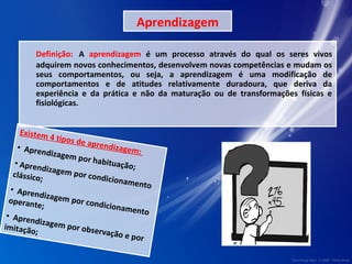 Aprendizagem 
Definição: A aprendizagem é um processo através do qual os seres vivos 
adquirem novos conhecimentos, desenvolvem novas competências e mudam os 
seus comportamentos, ou seja, a aprendizagem é uma modificação de 
comportamentos e de atitudes relativamente duradoura, que deriva da 
experiência e da prática e não da maturação ou de transformações físicas e 
fisiológicas. 
Existem 4 tipos de aprendizagem: 
• Aprendizagem por habituação; 
• Aprendizagem por condicionamento 
clássico; 
• Aprendizagem por condicionamento 
operante; 
• Aprendizagem por observação e por 
imitação; 
 
