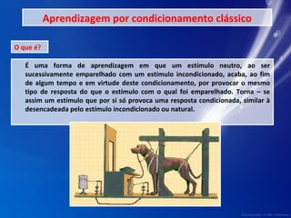 Aprendizagem por condicionamento clássico 
O que é? 
É uma forma de aprendizagem em que um estímulo neutro, ao ser 
sucessivamente emparelhado com um estímulo incondicionado, acaba, ao fim 
de algum tempo e em virtude deste condicionamento, por provocar o mesmo 
tipo de resposta do que o estímulo com o qual foi emparelhado. Torna – se 
assim um estímulo que por si só provoca uma resposta condicionada, similar à 
desencadeada pelo estímulo incondicionado ou natural. 
 
