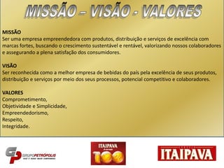 MISSÃO
Ser uma empresa empreendedora com produtos, distribuição e serviços de excelência com
marcas fortes, buscando o crescimento sustentável e rentável, valorizando nossos colaboradores
e assegurando a plena satisfação dos consumidores.
VISÃO
Ser reconhecida como a melhor empresa de bebidas do país pela excelência de seus produtos,
distribuição e serviços por meio dos seus processos, potencial competitivo e colaboradores.
VALORES
Comprometimento,
Objetividade e Simplicidade,
Empreendedorismo,
Respeito,
Integridade.
 