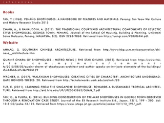 r e f e r e n c e s
Books
TAN, Y. (1960). PENANG SHOPHOUSES: A HANDBOOK OF FEATURES AND MATERIALS. Penang: Tan Yeow Wei Culture
and History Research Studio 2015.
ZWAIN, A., & BAHAUDDIN, A. (2017). THE TRADITIONAL COURTYARD ARCHITECTURAL COMPONENTS OF ECLECTIC
STYLE SHOPHOUSES, GEORGE TOWN, PENANG. Journal of the School Of Housing, Building & Planning, Universiti
Sains Malaysia, Penang, MALAYSIA, 8(2). ISSN 2228-9860. Retrieved from http://tuengr.com/V08/069M.pdf.
Website
AHMAD, G. SOUTHERN CHINESE ARCHITECTURE. Retrieved from http://www.hbp.usm.my/conservation/chi-
nese__architecture.htm
QUAINT CHARM OF SHOPHOUSES - METRO NEWS | THE STAR ONLINE. (2015). Retrieved from https://www.the-
s t a r . c o m . m y / m e t r o / c o m m u n i -
ty/2015/08/05/quaint-charm-of-shophouses-architect-and-author-speaks-on-intricate-elements-of-the-buildings/
#mK3bAScdFvQcP0DU.99
WAGNER, A. (2017). "MALAYSIAN SHOPHOUSES: CREATING CITIES OF CHARACTER”. ARCHITECTURE UNDERGRAD-
UATE HONORS THESES. 20. Retrieved from http://scholarworks.uark.edu/archuht/20
TUT, C. (2011). LEARNING FROM THE SINGAPORE SHOPHOUSE: TOWARDS A SUSTAINABLE TROPICAL ARCHITEC-
TURE. Retrieved from http://etd.fcla.edu/UF/UFE0043863/GUAN_T.pdf
TAN, C., & FUJITA, K. (2014). BUILDING CONSTRUCTION OF PRE-WAR SHOPHOUSES IN GEORGE TOWN OBSERVED
THROUGH A RENOVATION CASE STUDY. Journal of the EX Research Institute Ltd., Japan, 13(1), 199 - 200. doi:
10.3130/jaabe.13.195. Retrieved from https://www.jstage.jst.go.jp/article/jaabe/13/1/13_195/_pdf.
 