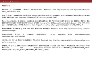Website
AHMAD, G. SOUTHERN CHINESE ARCHITECTURE. Retrieved from http://www.hbp.usm.my/conservation/chi-
nese__architecture.htm
TUT, C. (2011). LEARNING FROM THE SINGAPORE SHOPHOUSE: TOWARDS A SUSTAINABLE TROPICAL ARCHITEC-
TURE. Retrieved from http://etd.fcla.edu/UF/UFE0043863/GUAN_T.pdf
TAN, C., & FUJITA, K. (2014). BUILDING CONSTRUCTION OF PRE-WAR SHOPHOUSES IN GEORGE TOWN OB-
SERVED THROUGH A RENOVATION CASE STUDY. Journal of the EX Research Institute Ltd., Japan, 13(1), 199 - 200.
doi: 10.3130/jaabe.13.195. Retrieved from https://www.jstage.jst.go.jp/article/jaabe/13/1/13_195/_pdf.
PERANAKAN HERITAGE | SUN YAT SEN MUSEUM PENANG. Retrieved from http://sunyatsenpenang.com/per-
anakan-heritage/
SHOPHOUSE STYLES | PENANG SHOPHOUSE. (2018). Retrieved from http://penangshop-
house.com.my/?page_id=191
HUSSIN, N. (2014). SHOP HOUSES IN PENANG. Retrieved from http://www.penangheritagecity.com/shop-hous-
es-in-penang.html
SABAH, O. (2016). PENANG/ GEORGETOWN’S SHOPHOUSE FACADE AND VISUAL PROBLEMS, ANALYTIC STUDY.
Retrieved from https://www.academia.edu/25979471/PENANG_GEORGETOWNS_SHOP-
HOUSE_FACADE_AND_VISUAL_PROBLEMS_ANALYTIC_STUDY
r e f e r e n c e s
 
