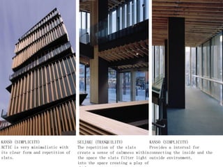 KANSO (SIMPLICITY)
ACTIC is very minimalistic with
its clear form and repetition of
slats.
SEIJAKU (TRANQUILITY)
The repetition of the slats
create a sense of calmness within
the space the slats filter light
into the space creating a play of
KANSO (SIMPLICITY)
Provides a interval for
connecting the inside and the
outside environment.
 