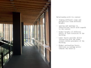 Relationship with its context
- framing different views and
perspectives from different
heights
- spacing and openings in
fenestrations varies with regards
to the context
- higher heights of different
facets of each elevation of the
building
- Lower facets provides direct
interaction with the urban
streets within proximity of the
building
- Higher outreaching facets
functions as vantage points
towards the Senso-Ji
 