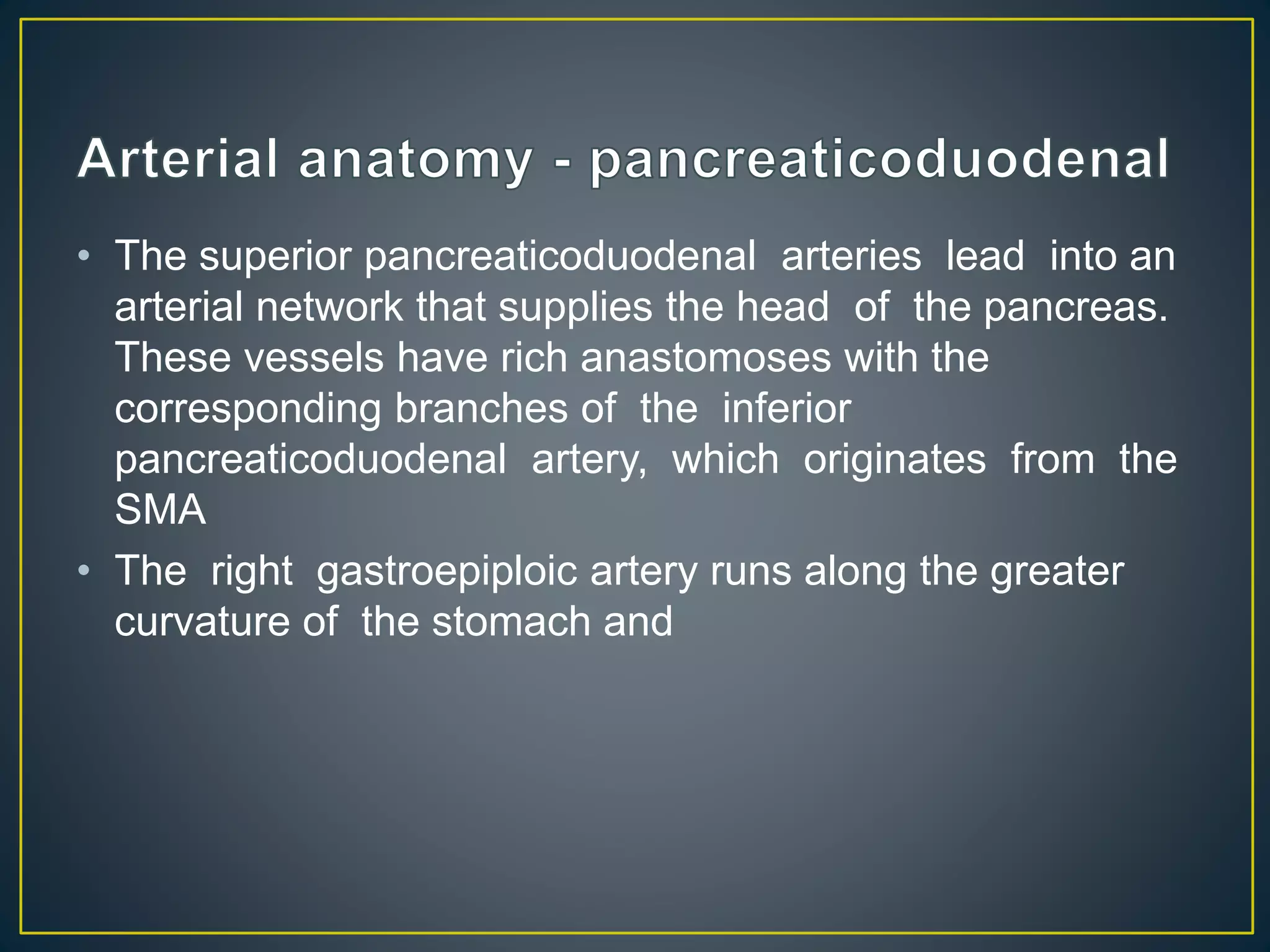 • The superior pancreaticoduodenal arteries lead into an
arterial network that supplies the head of the pancreas.
These vessels have rich anastomoses with the
corresponding branches of the inferior
pancreaticoduodenal artery, which originates from the
SMA
• The right gastroepiploic artery runs along the greater
curvature of the stomach and
 