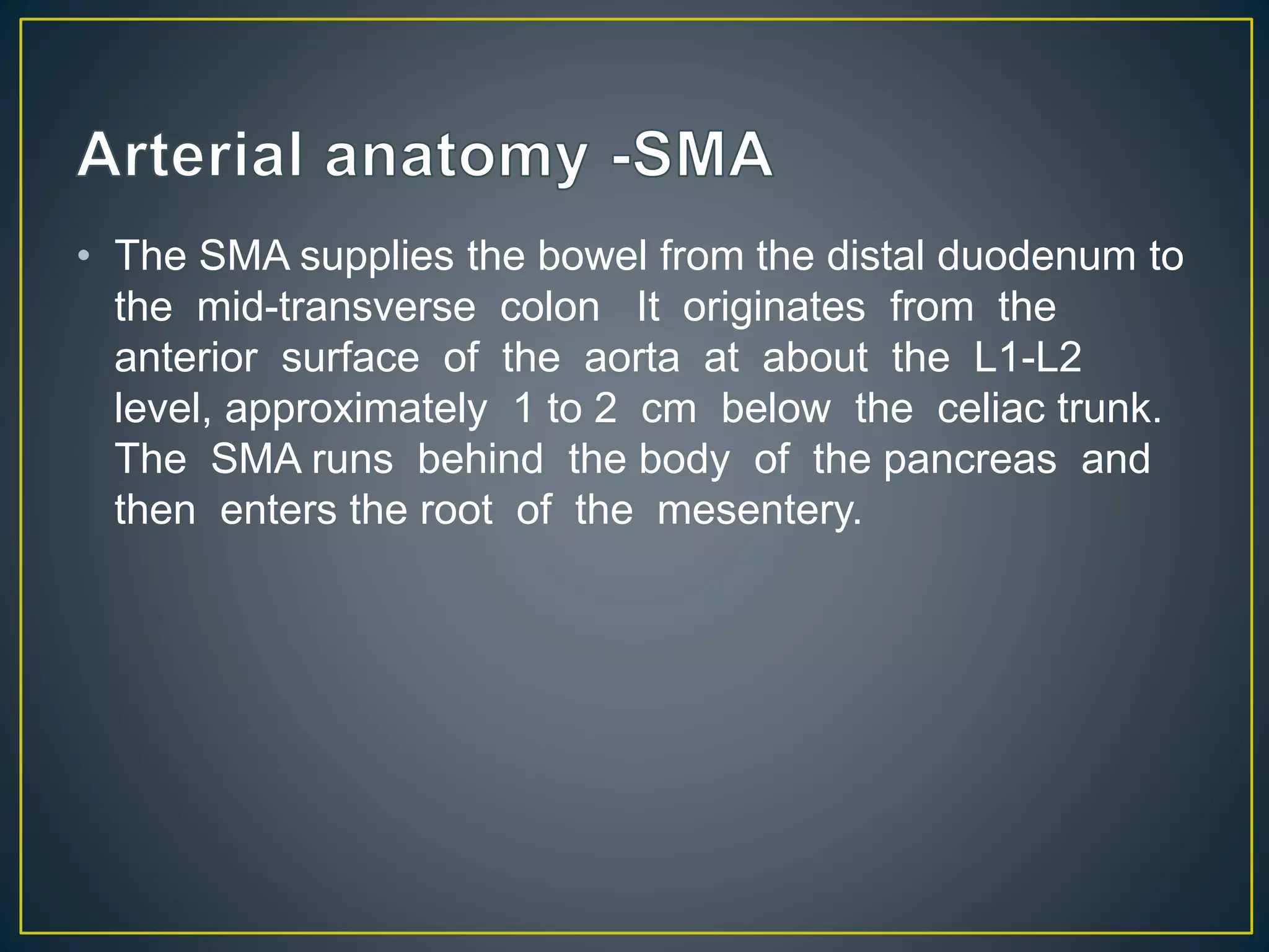 • The SMA supplies the bowel from the distal duodenum to
the mid-transverse colon It originates from the
anterior surface of the aorta at about the L1-L2
level, approximately 1 to 2 cm below the celiac trunk.
The SMA runs behind the body of the pancreas and
then enters the root of the mesentery.
 