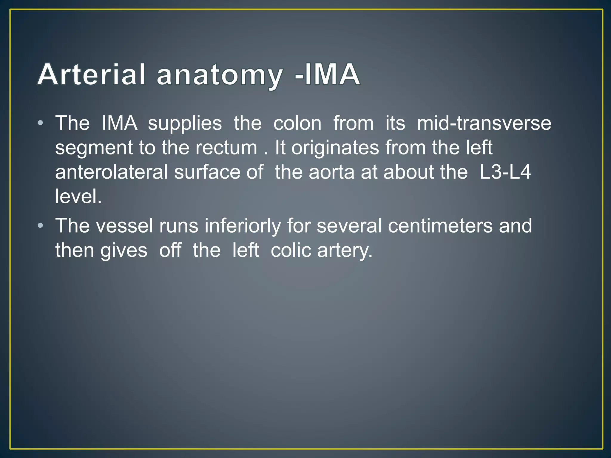 • The IMA supplies the colon from its mid-transverse
segment to the rectum . It originates from the left
anterolateral surface of the aorta at about the L3-L4
level.
• The vessel runs inferiorly for several centimeters and
then gives off the left colic artery.
 