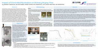 Impact of Controlled Nucleation on Primary Drying Time
by MARGIT GIESELER, GILYOS GMBH, MARK SHON, SP SCIENTIFIC, and LESLIE MATHER, SP SCIENTIFIC
                                      Abstract                                                                                            Methodology                                                                                                                                 Results
The ﬁrst phase in a freeze drying process is freezing the sample to initiate                           Material
formation of ice which subsequently sublimes under the low pressure applied                            Two 5% (w/w) sucrose solutions were prepared by dissolving sucrose (Fisher                                Figure 1 shows the difference in nucleation behavior when applying ControLyo™ technology compared to a standard freezing protocol
during primary drying. Freezing can be achieved by several procedures, e.g.                            Chemical) in deionized water (Labchem Inc.). Prior to ﬁlling of 10 mL serum tubing                        without nucleation control. In controlled nucleation, all vials nucleate at the same time and at the pre-deﬁned nucleation temperature
putting the sample into a freezer, immersing it in LN2 or cooling it directly on                       vials with 3 mL, the solution was ﬁltered through a 0.22 µm ﬁlter (Millipore Inc.).                       (ﬁgure 1a), resulting in uniform temperature proﬁles of all TCs. In contrast, Figure 1b shows a typical random nucleation: the ﬁrst vial to
the shelves of a freeze dryer. Before nucleation (= the initial formation of ice                                                                                                                                 nucleate super-cools to -7.4°C (TC04), and the vial with the highest degree of super-cooling (TC09) nucleates at -17.4°C, 27 minutes
crystals) starts, the sample has usually super-cooled to a greater or lesser                           Methods                                                                                                   later than the ﬁrst vial. With nucleation control, all vials nucleated at -3°C.
extent. Super-cooling means that a solution is held at a temperature below                             One Lyostar™ 3 shelf was loaded per                                                                       Nucleation at lower temperatures lead to smaller ice crystals which form separated and smaller pores, shifting the time needed to
its thermodynamic freezing point without nucleation occurring. The degree of                           run with 164 (run #1) and 166 (run #2)                                                                    sublime all water towards higher values. This trend could be conﬁrmed in these experiments. Figure 2 depicts the primary drying times
super-cooling is deﬁned as the temperature differential between the equilibrium                        product containing vials, respectively.                                                                   determined by Pirani/Capacitance Manometer (CM) differential. Using Pirani/CM differential control allows safe endpoint detection of
freezing point and the temperature at which ice crystals start to form. Nucleation                     The outer one to two rows were                                                                            primary drying. When activated, the freeze dryer does not advance to the next drying step if the differential of Pirani and CM reading is
is a random process and the nucleation temperature (and time) may vary in a                            ﬁlled with empty 10 mL vials. Type                                                                        greater than the setpoint which was 5 mTorr in this case. When the number of water molecules in the chamber decreases, which is the
wide range, compromising batch homogeneity. The degree of super-cooling
                                                  1
                                                                                                       T thermocouples (TCs) were placed        Picture 2: a) TC inside vial placed bottom center
                                                                                                                                                                                                                 case at the end of the sublimation phase, the Pirani reading decreases and aligns with the CM signal.
determines the ice crystal size and therefore the pore structure and pore size                         inside and/or outside of center and edge
                                                                                                                                                           b) TC ﬁxed outside vial by adhesive tape
distribution (e.g., greater super-cooling results in smaller ice crystals and vice                     vials (picture 2). Odd numbers represent TCs attached outside whereas TCs with                            As long as sublimation takes place the product temperature does not increase due to the cooling caused by the phase transition.
versa). Ice crystal size directly impacts primary drying rate and hence the
        2, 3
                                                                                                       even numbers were inside the vial.                                                                        Upon completion of sublimation product temperature increases, resulting in an increase in thermocouple reading towards the shelf
time required for the primary drying phase in a freeze drying process.    3
                                                                                                                                                                                                                 temperature. However, the Pirani/CM differential method is a more accurate predictor of the end of the primary drying.
                                                                                                       In run #1, no control of nucleation was used and the vials were allowed to
                                                       Objectives                                      randomly nucleate during a 0.5°C/min. ramp to -45°C. In run #2, nucleation was                            1° time applying ControLyo™ technology was 30.5 h compared to 40.4 h using the traditional freezing approach without any control,
      Picture 1:                                                                                       controlled and the vials were all nucleated at -3°C using the Praxair technology.                         giving a 10 h time savings (24%). Pictures 3a and 3b show the lyophilized products. Both conditions result in acceptable cakes with the
         Lyostar 3 incl. ControLyo™   The criticality of the freezing step for the overall             In both cases, after equilibration, the cycle was advanced through primary drying                         vials from run #3a (without controlled nucleation) showing slight shrinkage. This may be caused by locally high product temperatures
                                      freeze drying process has been known for a                       and the end point was determined by Capacitance Manometer/Pirani differential.                            due to the slower removal of water through smaller pores. Reconstitution time was <1 min for both products (data not shown).
                                      long time and several approaches have been
                                      applied to control nucleation, e.g. ice-fog, 2

                                      inducing freezing of the solutions from the
                                      surface by applying vacuum, or ultra-sound.
                                                                      4               5

                                      The drawback of many of the techniques is that
                                      they are only suitable in lab scale.
                                      Praxair, Inc. recently introduced a method
                                      for controlling nucleation which enables
                                      instantaneous and homogeneous nucleation
                                      of all product containers equally well for                       Picture 3a: lyophilized cakes run #1
                                      both lab and production scale freeze drying:                     (uncontrolled nucleation)
                                      ControLyo™ Nucleation On-Demand
                                      Technology (picture 1).
                                                   1


                                      The purpose of this study was to determine the                          Picture 3b: lyophilized cakes run #2
                                      impact of controlling nucleation on the length                          (using ControLyo™)
                                      of the primary drying phase, utilizing an FTS                                                                                                        Figure 1a: controlled nucleation of 5% sucrose solution   Figure 1b: uncontrolled nucleation of 5% sucrose solution   Figure 2: Primary drying times of 5% sucrose with and w/o
                                                                                                                                                                                                                                                                                                                           controlled nucleation
                                      Lyostar 3 equipped with the Praxair technology.
                                         References:
                                         (1) Sever, R. Improving Lyophilization Manufacturing and Development with ControLyo™ Nucleation On-Demand Technology, SP Scientiﬁc LyoLearn Webinar. May 2010
                                                                                                                                                                                                                                                                                         Conclusions
                                         (2) Rambhatla S, Ramot R, Bhugra C, Pikal MJ; Heat and Mass Transfer Scale-up Issues during Freeze Drying: II. Control and Characterization of the Degree of Supercooling;
                                             AAPS PharmSciTech, 5 (4) Article 58, pp. 1-9                                                                                                                                       With ControLyo™ Nucleation On-Demand Technology, for the ﬁrst time nucleation can be controlled during a freeze
                                         (3) Searles JA, Carpenter JF, Randolph TW; The Ice Nucleation Temperature Determines the Primary Drying Rate of Lyophilization for Samples Frozen on a Temperature-                    drying process both in laboratory and production scale. The reduction in primary drying, and the vial to vial uniformity, by
                                             Controlled Shelf; J Pharm Sci, Vol 90, No 7, pp. 860-871
                                                                                                                                                                                                                                controlling nucleation, offer the potential for signiﬁcant improvements in process time/costs and product quality.
                                         (4) Kramer M, Sennhenn B, Lee G; Freeze-Drying Using Vacuum-Induced Surface Freezing; J Pharm Sci, Vol 91, No 2, pp. 433-443
                                         (5) Saclier M, Peczalski R, Andrieu J; Effect of ultrasonically induced nucleation on ice crystals` size and shape during freeze drying; Chem Eng Science, Vol 65, pp. 3064-3071
 