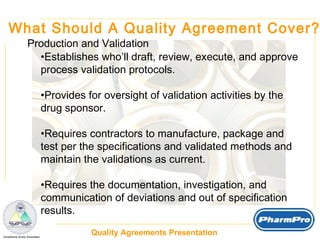 What Should A Quality Agreement Cover? Production and Validation Establishes who’ll draft, review, execute, and approve  process validation protocols. Provides for oversight of validation activities by the  drug sponsor. Requires contractors to manufacture, package and  test per the specifications and validated methods and  maintain the validations as current. Requires the documentation, investigation, and  communication of deviations and out of specification  results. 