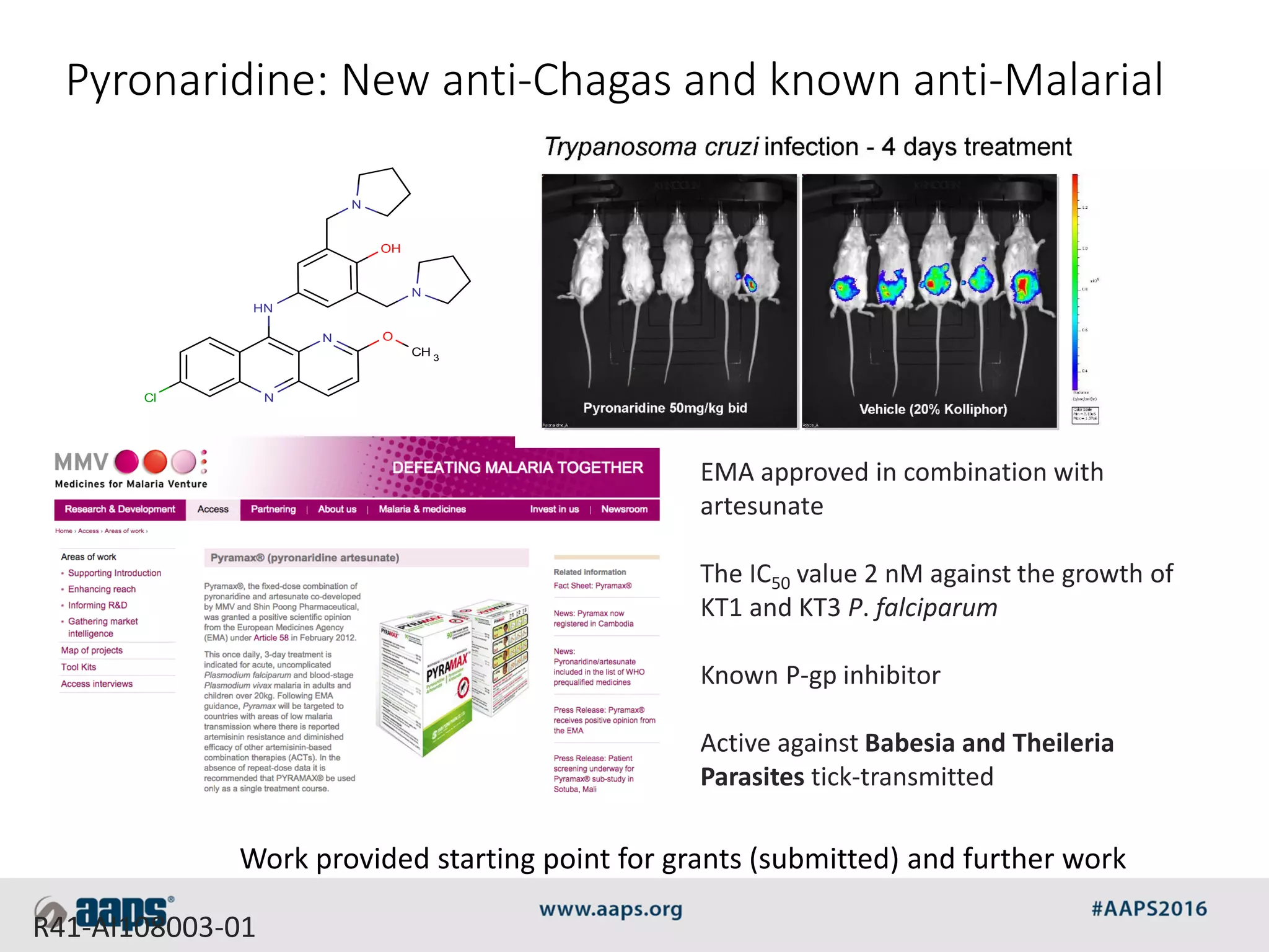 Pyronaridine: New anti-Chagas and known anti-Malarial
EMA approved in combination with
artesunate
The IC50 value 2 nM against the growth of
KT1 and KT3 P. falciparum
Known P-gp inhibitor
Active against Babesia and Theileria
Parasites tick-transmitted
R41-AI108003-01
Work provided starting point for grants (submitted) and further work
N
N
HN
N
N
OH
Cl
O
CH 3
 