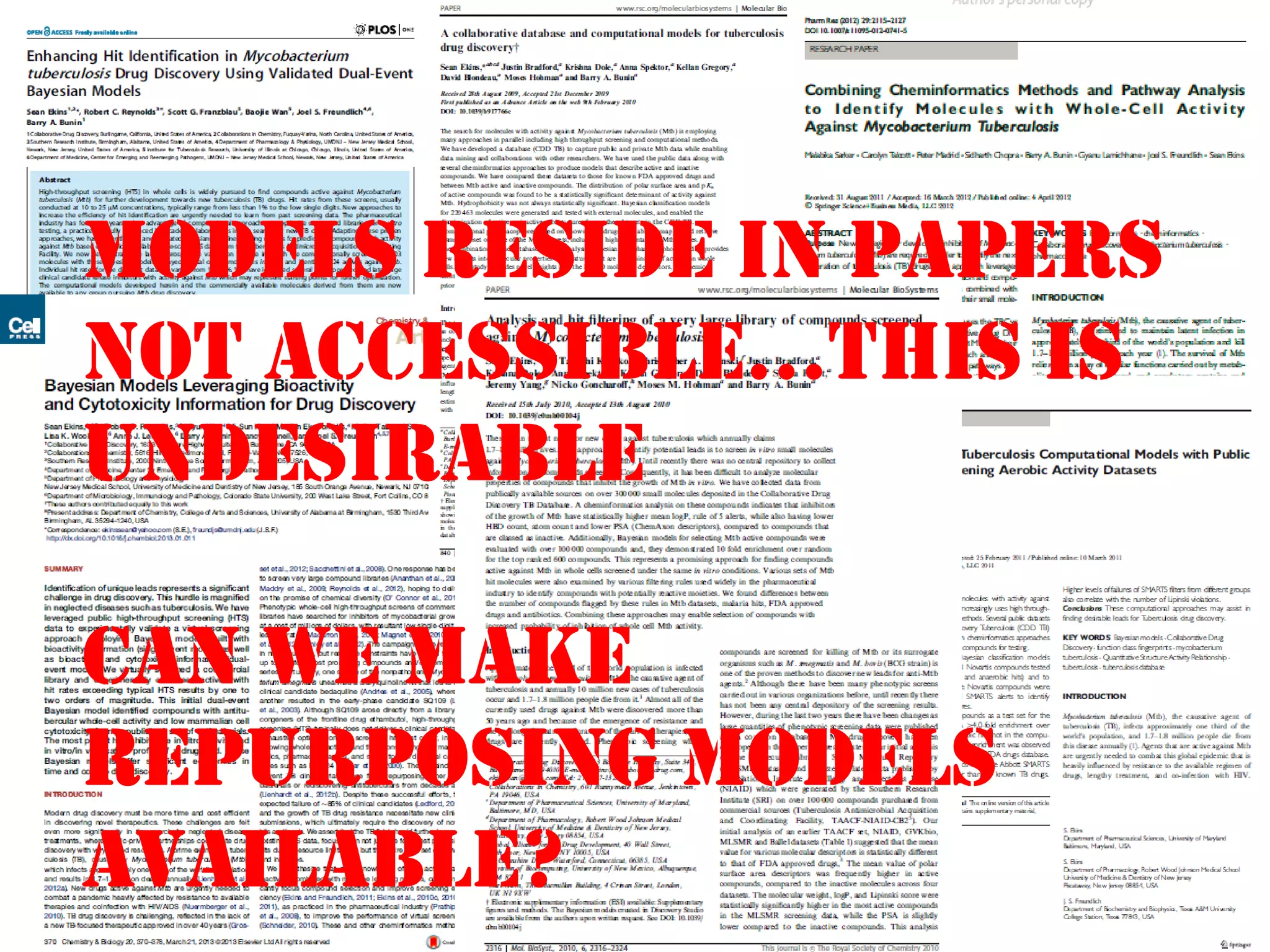 MoDELS RESIDE IN PAPERS
NOT ACCESSIBLE…THIS IS
UNDESIRABLE
Can we make
repurposing models
available?
 