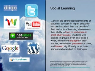 Social Learning ...one of the strongest determinants of students’ success in higher education—more important than the details of their instructors’ teaching styles—was their ability to  form or participate in small study groups . Students who studied in groups, even only once a week, were more  engaged  in their studies, were better  prepared  for class, and  learned  significantly more than students who worked on their own. Seely Brown and Adler summarizing the work of Richard J. Light, of the Harvard Graduate School of Education, in Seely Brown, J. & Adler, R (2008) ‘Minds on fire: Open Education, the long tail and Learning 2.0’ Educause Review [online] Vol.43 (1).  http://www.educause.edu/EDUCAUSE+Review/ERVolume432008/EDUCAUSEReviewMagazineVolume43/162418 