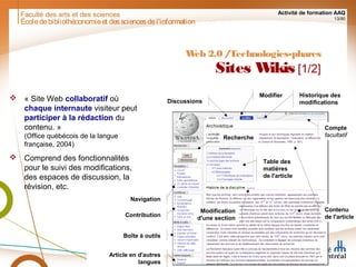 Faculté des arts et des sciences Activité de formation AAQ
13/90
Écoledebibliothéconomieet dessciencesdel'information
Web 2.0 /Technologies-phares
Sites Wikis [1/2]
 « Site Web collaboratif où
chaque internaute visiteur peut
participer à la rédaction du
contenu. »
(Office québécois de la langue
française, 2004)
 Comprend des fonctionnalités
pour le suivi des modifications,
des espaces de discussion, la
révision, etc.
Article en d'autres
langues
Navigation
Recherche
Boîte à outils
Contribution
Compte
facultatif
Table des
matières
de l'article
ContenuContenu
de l'article
Modification
d'une section
Historique des
modificationsDiscussions
Modifier
 