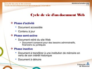 Faculté des arts et des sciences Activité de formation AAQ
51/90
Cycle de vie d'un document Web
 Phase d'activité
 Document accessible
 Contenu à jour
 Phase semi-active
 Document retiré du site Web
• Document conservé pour des besoins administratifs,
financiers ou juridiques
 Phase inactive
 Document à transférer à une institution de mémoire en
vertu de son intérêt historique
 Document à détruire
Écoledebibliothéconomieet dessciencesdel'information
 