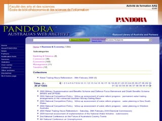 Faculté des arts et des sciences Activité de formation AAQ
63/90
PANDORA
Écoledebibliothéconomieet dessciencesdel'information
 