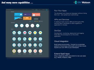 Run Your Apps 
The developer can chose any language runtime or bring 
their own. Just upload your code and go. 
APIs and Services 
A catalog of open source, IBM and third party APIs 
services allow a developer to stitch together an 
application in minutes. 
DevOps 
Development, monitoring, deployment and logging 
tools allow the developer to run the entire 
application 
Cloud Integration 
Build hybrid environments. Connect to on-premises 
systems of record plus other public and private clouds. 
Expose your own APIs to your developers. 
Extend SaaS Apps 
Drop in SaaS App SDKs and extend to new use cases 
(e.g,. Mobile, Analytics, Web) 
And many more capabilities … 
 