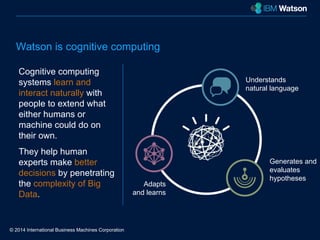 Watson is cognitive computing 
© 2014 International Business Machines Corporation 
Understands 
natural language 
Generates and 
evaluates 
hypotheses 
Adapts 
and learns 
Cognitive computing 
systems learn and 
interact naturally with 
people to extend what 
either humans or 
machine could do on 
their own. 
They help human 
experts make better 
decisions by penetrating 
the complexity of Big 
Data. 
 