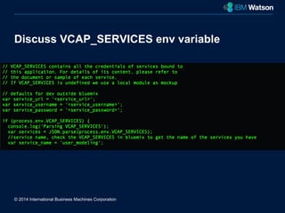 Discuss VCAP_SERVICES env variable 
© 2014 International Business Machines Corporation 
New York City 
 