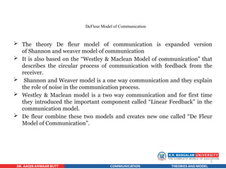 5
DeFleur Model of Communication
 The theory De fleur model of communication is expanded version
of Shannon and weaver model of communication
 It is also based on the “Westley & Maclean Model of communication” that
describes the circular process of communication with feedback from the
receiver.
 Shannon and Weaver model is a one way communication and they explain
the role of noise in the communication process.
 Westley & Maclean model is a two way communication and for first time
they introduced the important component called “Linear Feedback” in the
communication model.
 De fleur combine these two models and creates new one called “De Fleur
Model of Communication”.
 