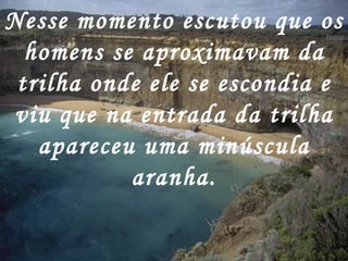 Nesse momento escutou que os homens se aproximavam da trilha onde ele se escondia e viu que na entrada da trilha apareceu uma minúscula aranha. 
