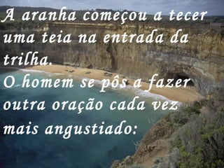 A aranha começou a tecer uma teia na entrada da trilha.   O homem se pôs a fazer outra oração cada vez mais angustiado:   