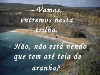 - Vamos, entremos nesta trilha. - Não, não está vendo que tem até teia de aranha?   