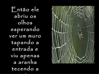 Então ele
  abriu os
    olhos
 esperando
ver um muro
 tapando a
 entrada e
 viu apenas
  a aranha
 tecendo a
 