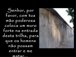 Senhor, por
  favor, com tua
  mão poderosa
 coloca um muro
forte na entrada
desta trilha, para
 que os homens
   não possam
   entrar e me
 