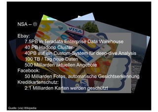 Quelle: (via) Wikipedia
NSA -- 
Ebay:
7.5PB in Teradata Enterprise Data Warehouse
40 PB Hadoop Cluster
40PB auf ein Custom-System für deep-dive Analysis
100 TB / Tag neue Daten
500 Milliarden aktuellen Angebote
Facebook:
50 Milliarden Fotos, automatische Gesichtserkennung
Kreditkartenschutz:
2.1 Milliarden Karten werden geschützt
 