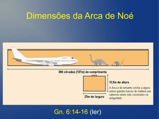 Dimensões da Arca de Noé
Gn. 6:14-16 (ler)
 