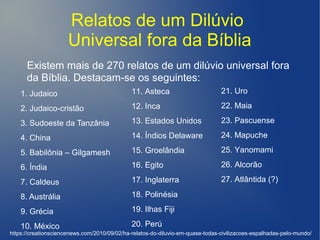 Relatos de um Dilúvio
Universal fora da Bíblia
Existem mais de 270 relatos de um dilúvio universal fora
da Bíblia. Destacam-se os seguintes:
1. Judaico
2. Judaico-cristão
3. Sudoeste da Tanzânia
4. China
5. Babilônia – Gilgamesh
6. Índia
7. Caldeus
8. Austrália
9. Grécia
10. México
11. Asteca
12. Inca
13. Estados Unidos
14. Índios Delaware
15. Groelândia
16. Egito
17. Inglaterra
18. Polinésia
19. Ilhas Fiji
20. Perú
https://creationsciencenews.com/2010/09/02/ha-relatos-do-diluvio-em-quase-todas-civilizacoes-espalhadas-pelo-mundo/
21. Uro
22. Maia
23. Pascuense
24. Mapuche
25. Yanomami
26. Alcorão
27. Atlântida (?)
 
