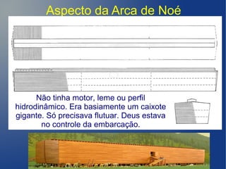 Aspecto da Arca de Noé
Não tinha motor, leme ou perfil
hidrodinâmico. Era basiamente um caixote
gigante. Só precisava flutuar. Deus estava
no controle da embarcação.
 