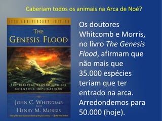 Caberiam todos os animais na Arca de Noé?
Os doutores
Whitcomb e Morris,
no livro The Genesis
Flood, afirmam que
não mais que
35.000 espécies
teriam que ter
entrado na arca.
Arredondemos para
50.000 (hoje).
 
