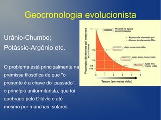 Geocronologia evolucionista
Urânio-Chumbo;
Potássio-Argônio etc.
O problema está principalmente na
premissa filosófica de que ''o
presente é a chave do passado'',
o princípio uniformitarista, que foi
quebrado pelo Dilúvio e até
mesmo por manchas solares.
 
