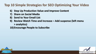 Top 10 Simple Strategies for SEO Optimizing Your Video
6) Step Up Production Value and Improve Content
7) Share on Social ...