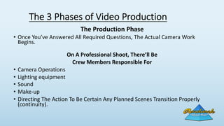 The 3 Phases of Video Production
The Production Phase
Depending On The Type Of Shoot Planned, Many Other
Options may be ne...