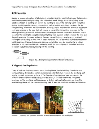 Tropical Passive design strategies in Belum Rainforest Resort to achieve Thermal Comfort .
11
3.2 Orientation
A good or proper orientation of a building is important and it is also the first stage that architect
need to consider to design building. This can reduce much energy use of the building itself.
Good orientation of building can benefit the building to accept the morning warm sunlight as
natural lighting to reduce energy consumption such as electric and also it can avoid the hot
sunlight during afternoon. Base on the term, building should be orientated within 15 degrees of
east-west axis due to the area that will expose to sun and let hot sunlight penetrate in. The
openings or window at north and south should be larger compare to the east and west. These
can allow the building to accept the natural lighting from outdoor and also reduce the heat gain
that will penetrate from east and west. Besides, natural features can also act as a natural
shading for the building as well such as trees, plant and hill. For Belum itself, the facade of most
buildings are west facing. In this case, opening and window have big opportunity to let sun
penetrate in but then the best part is evening sun is not hot compare to afternoon and also
users can enjoy the sunset by looking out the building.
Figure 3.2.1 Example diagram of orientation for building
3.3 Type of shading devices
Types of roof are also important to act as shading device for the building. One of the most
obvious shading devices that visitors can see once enter to Belum resort is the overhang roof
used at Hornbill Restaurant in Phase 1. The function of the overhang roof is to protect the
pathway and wall around the building. Besides these, it can also control the sunlight to
penetrate in. The overhang roof is designed to deflect high angle afternoon sun light. The
oldern malay house has the similiar overhang roof as well and it influenced today architecture.
Figure 3.3.1 Overhang roof of hornbill restaurant in Belum Rainforest Resort and the diagram
 