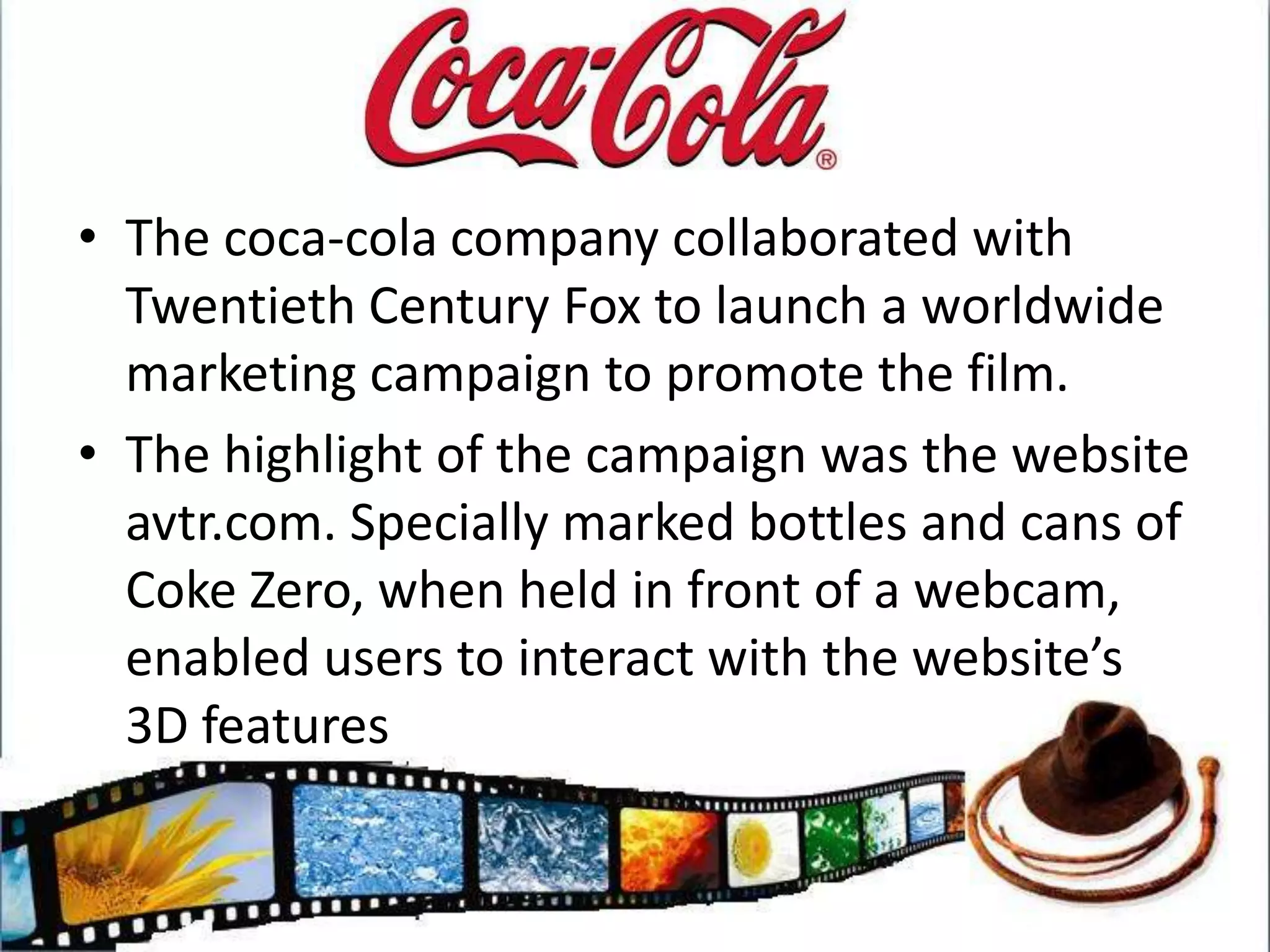 McDonald’s produced a card to be used with an Avatar-branded website. When held in front of a webcam it enabled users to interact with a 3D animation.McDonalds offered online experiences such as ‘McD Vision’ (revealing scenes and characters from the movie) and ‘PandoraROV’ (take your first steps into Pandora)
