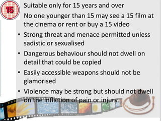 Suitable for adultsNo one younger than 18 may see an 18 film at the cinema or rent or buy an 18 videoOverriding principle is that adults should be free to choose their own entertainment, but with exceptions:Material in breach of criminal law, or created through a criminal offenceMaterial that risks harm to groups or individualsExplicit sexual activity not justified by the context