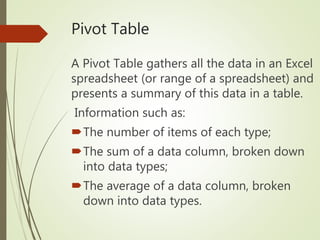 Pivot Table
A Pivot Table gathers all the data in an Excel
spreadsheet (or range of a spreadsheet) and
presents a summary of this data in a table.
Information such as:
The number of items of each type;
The sum of a data column, broken down
into data types;
The average of a data column, broken
down into data types.
 