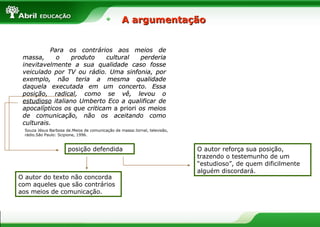 A argumentação


           Para os contrários aos meios de
 massa,      o    produto    cultural    perderia
 inevitavelmente a sua qualidade caso fosse
 veiculado por TV ou rádio. Uma sinfonia, por
 exemplo, não teria a mesma qualidade
 daquela executada em um concerto. Essa
 posição, radical, como se vê, levou o
 estudioso italiano Umberto Eco a qualificar de
 apocalípticos os que criticam a priori os meios
 de comunicação, não os aceitando como
 culturais.
  Souza Jésus Barbosa de.Meios de comunicação de massa:Jornal, televisão,
  rádio.São Paulo: Scipione, 1996.


                       posição defendida                                    O autor reforça sua posição,
                                                                            trazendo o testemunho de um
                                                                            “estudioso”, de quem dificilmente
                                                                            alguém discordará.
O autor do texto não concorda
com aqueles que são contrários
aos meios de comunicação.
 