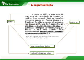 A argumentação


                 A partir de 1920, a repercussão do
        novo meio de comunicação de massas era
        notável. Uma demanda febril de aparelhos
        receptores assolou os Estados Unidos e a
datas   Inglaterra. Em 1921 o número de emissoras                       números
        nos Estados Unidos era de 4, passando a 29
        em 1922 e a 382 no início de 1923. A
        publicidade começava aa veicular, o o o que
                     começava a veicular, que que
                     começava       veicular,
        tornava o novo meio bastante viável
        economicamente. Em 1927, havia 7 7milhõesde
                          Em 1927, havia 7 milhões
                              1927, havia     milhões
        aparelhos somente nosnos EUA.
        de aparelhos somente EUA.
         Souza Jésus Barbosa de.Meios de comunicação de massa:Jornal,
         televisão, rádio.São Paulo: Scipione, 1996.




                 levantamento de dados



                 indiscutíveis para o leitor
 