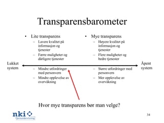 Transparensbarometer Lite transparens Lavere kvalitet på informasjon og tjenester Færre muligheter og dårligere tjenester Mindre utfordringer med personvern Mindre opplevelse av overvåkning  Mye transparens Høyere kvalitet på informasjon og tjenester Flere muligheter og bedre tjenester Større utfordringer med personvern Mer opplevelse av overvåkning Lukket system Åpent system Hvor mye transparens bør man velge? 