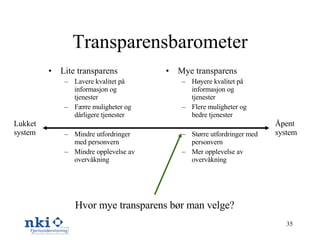 Transparensbarometer Lite transparens Lavere kvalitet på informasjon og tjenester Færre muligheter og dårligere tjenester Mindre utfordringer med personvern Mindre opplevelse av overvåkning  Mye transparens Høyere kvalitet på informasjon og tjenester Flere muligheter og bedre tjenester Større utfordringer med personvern Mer opplevelse av overvåkning Lukket system Åpent system Hvor mye transparens bør man velge? 