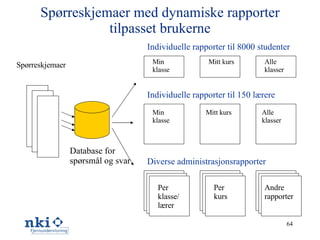 Spørreskjemaer med dynamiske rapporter tilpasset brukerne Spørreskjemaer Database for spørsmål og svar Individuelle rapporter til 8000 studenter Individuelle rapporter til 150 lærere Diverse administrasjonsrapporter Per klasse/ lærer Per kurs Andre rapporter Min klasse Mitt kurs Alle klasser Min klasse Mitt kurs Alle klasser 
