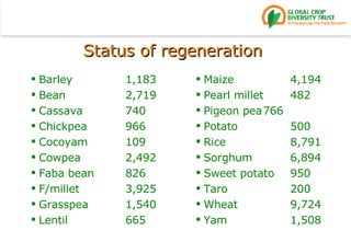 Barley 1,183 Bean 2,719 Cassava 740 Chickpea 966 Cocoyam 109 Cowpea 2,492 Faba bean 826 F/millet 3,925 G rasspea 1,540 Lentil 665 Maize 4,194 Pearl millet 482 Pigeon pea 766 Potato 500 Rice 8,791 S orghum 6,894 Sweet potato 950 Taro 200 Wheat 9,724 Yam 1,508 Status of regeneration  