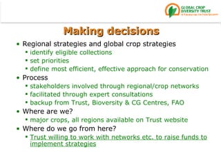 Making decisions  Regional strategies and global crop strategies identify eligible collections set priorities define most efficient, effective approach for conservation Process stakeholders involved through regional/crop networks facilitated through expert consultations backup from Trust, Bioversity & CG Centres, FAO Where are we? major crops, all regions available on Trust website Where do we go from here? Trust willing to work with networks etc. to raise funds to implement strategies 