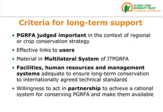 Criteria for long-term support  PGRFA judged   important  in the context of regional or crop conservation strategy Effective links to  users Material in  Multilateral System  of ITPGRFA Facilities, human resources and management systems  adequate to ensure long-term conservation to internationally agreed technical standards Willingness to act in  partnership  to achieve a rational system for conserving PGRFA and make them available 